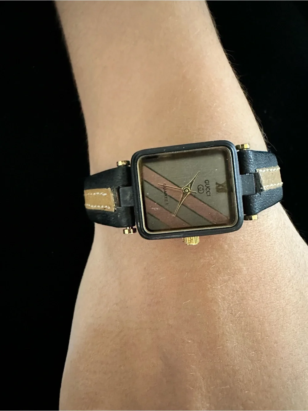 Gucci Vintage Square Dial Leather Strap Watch - Black & Brown Tan